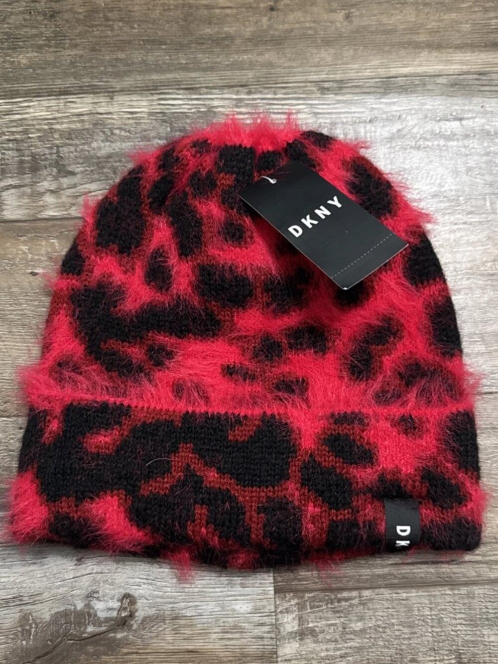 NWT DKNY Fuzzy Leopard Animal Print Beanie Red/Black MSRP $36